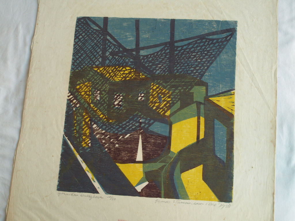 Herman Stammeshaus :  Houtsnede – IJmuiden Haringhaven - 1958 kopen? Bied vanaf 25!