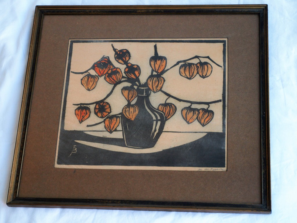 Jac. de Beer : Houtsnede , Lampionplant – gesigneerd & ingelijst  kopen? Bied vanaf 35!