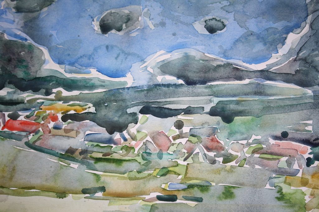 Pieter Briels: grote aquarel, landschap met dorp kopen? Bied vanaf 70!
