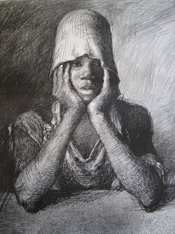 Aat Veldhoen (1934-) grote litho "meisje met hoed" gesigneerd 1964 verkocht voor € 35!