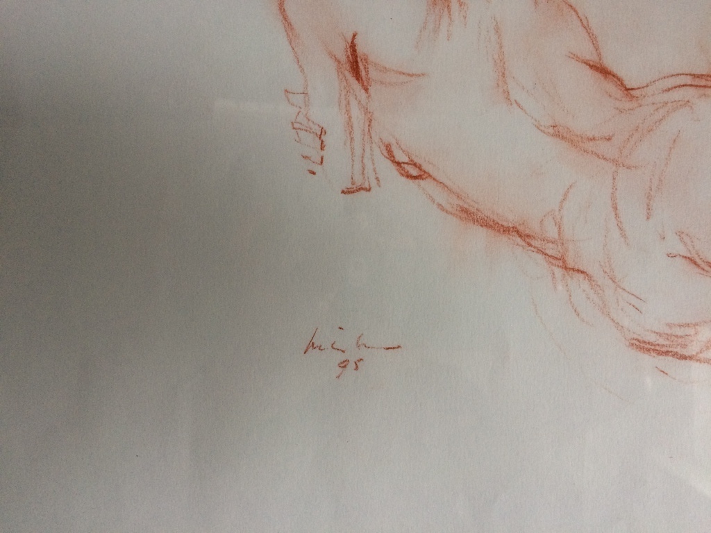 Joop Liesker, tekening met rood potlood, liggend naakt - rugzijde van de vrouw. kopen? Bied vanaf 50!