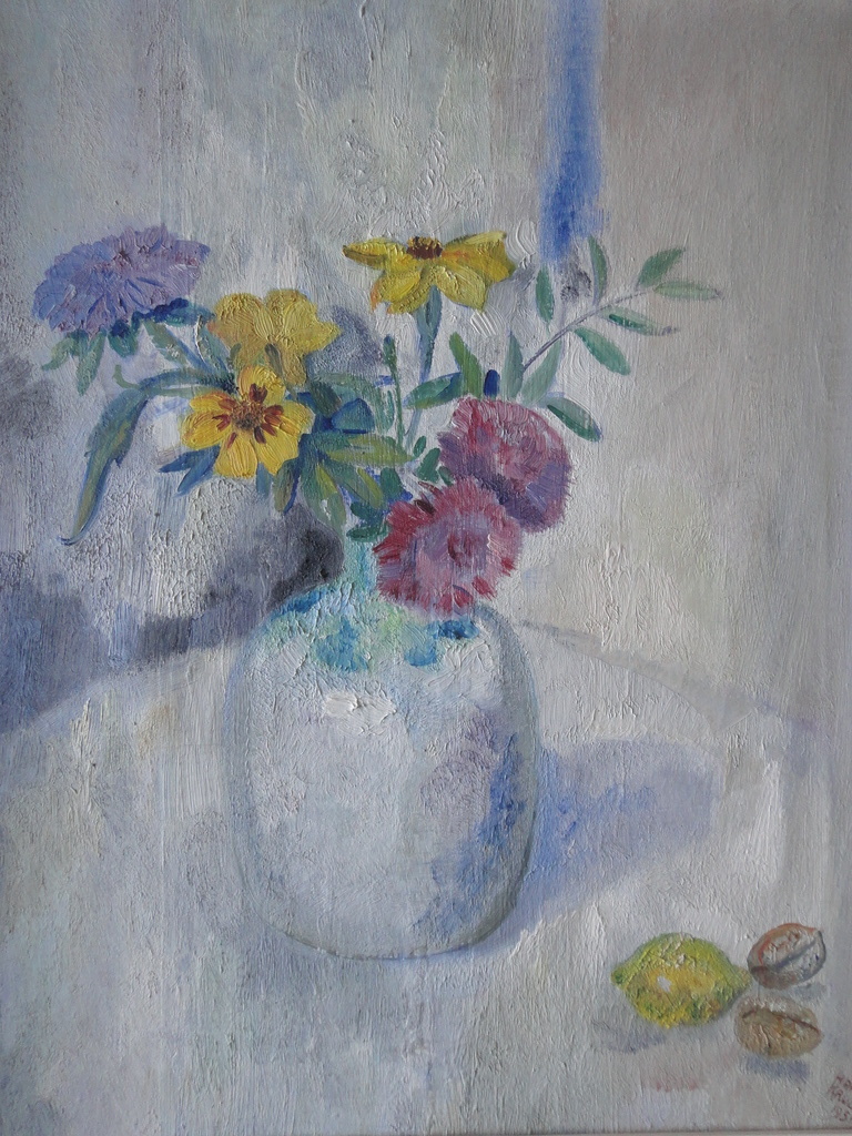 Han Krug, olieverf op doek, stilleven met o.a. boeket bloemen in vaas verkocht voor € 225!