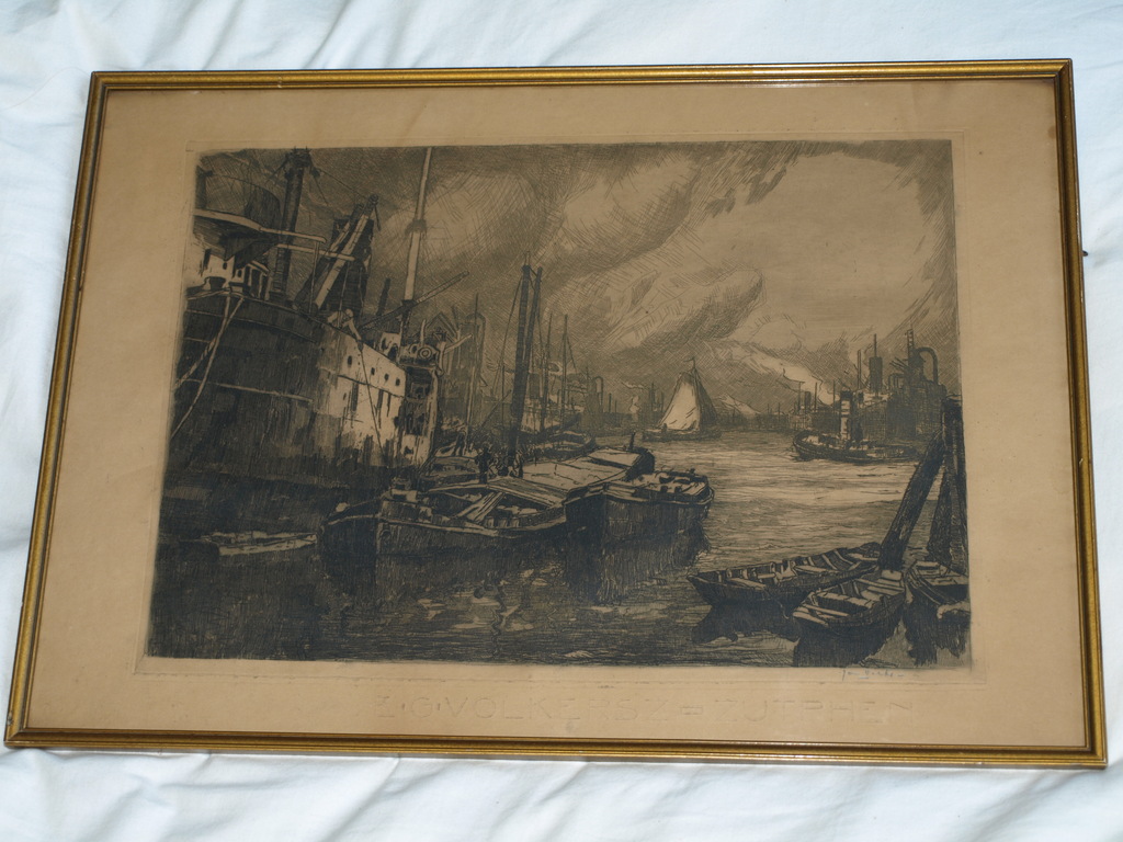 Jan Sirks (1885-1938) : Ets – Haven Rotterdam – Gesigneerd & ingelijst – ca 1930 kopen? Bied vanaf 50!