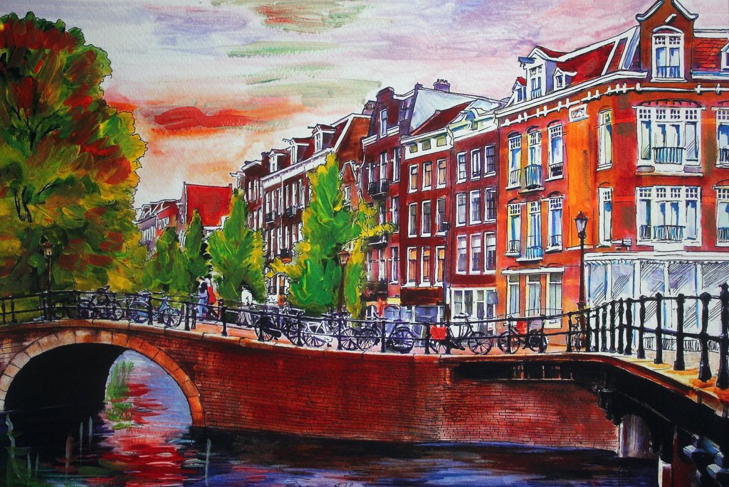 Elena Polyakova: Amsterdam in kleur, Gemengde techniek verkocht voor € 100!