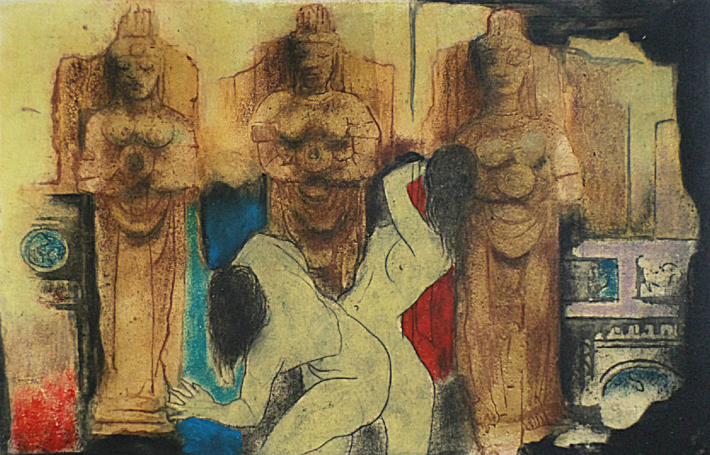 Ru van Rossem – De Heilige Badplaats, ets/aquatint met reliëf (ingelijst, groot) verkocht voor € 250!