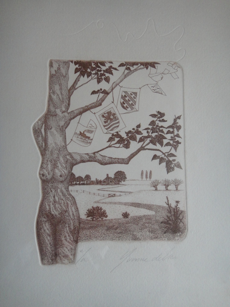 Yvonne de Vries, ets, figuurvoorstelling met naakte vrouw en zicht op polder kopen? Bied vanaf 35!