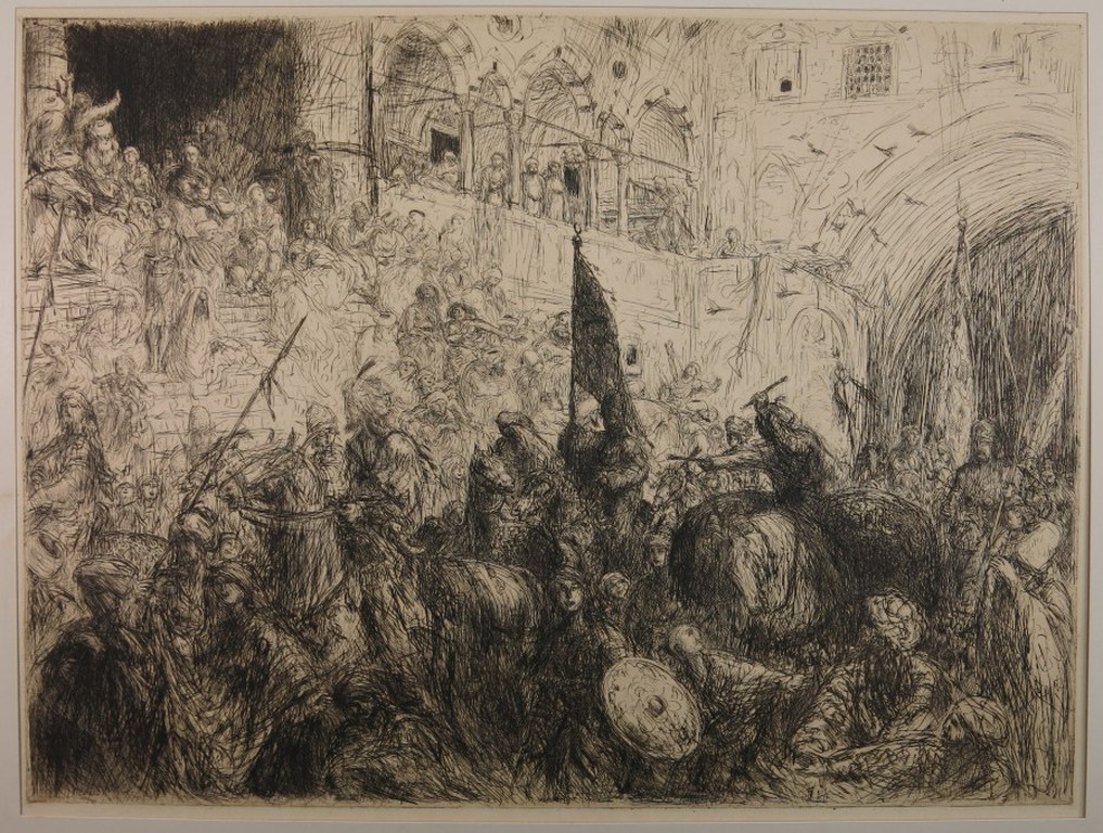 Marius Bauer: Ets, Feestelijke intocht (Zeer groot) verkocht voor € 250!