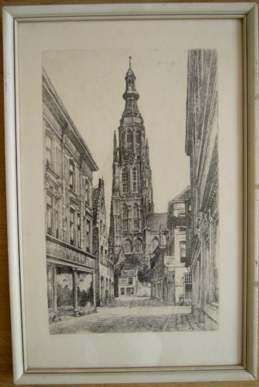 Prachtige ets MARIUS JANSSEN oude centrum Breda 48X 32 cm = gesigneerd. kopen? Bied vanaf 20!