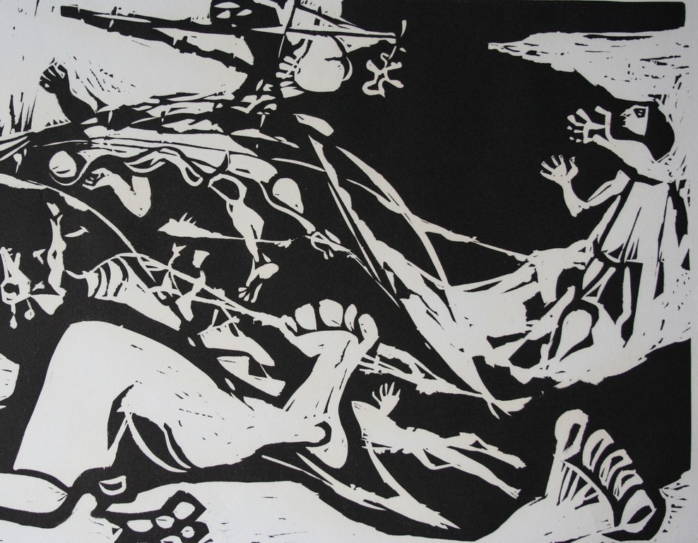 Karel Timmerman - linodruk - De zondvloed III - 1968 - gesigneerd kopen? Bied vanaf 20!