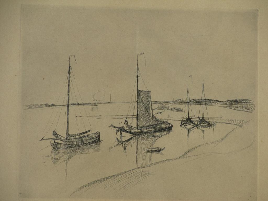 Antoon Derkzen van Angeren, Schepen op de rivier, Ets  verkocht voor € 40!