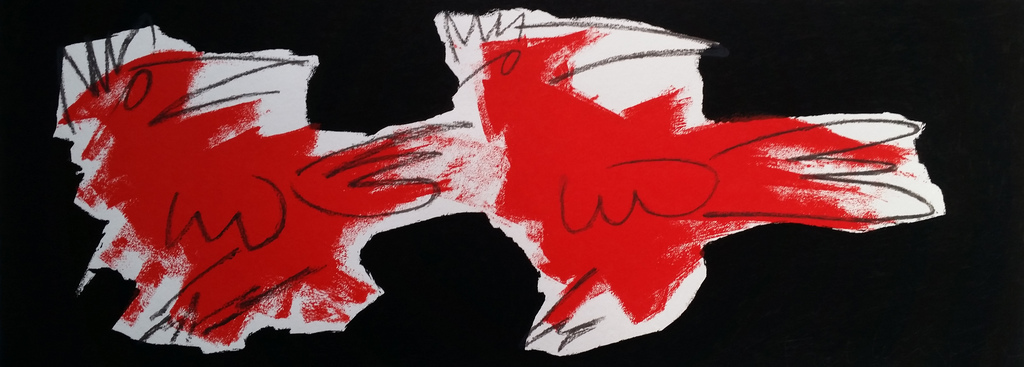 Frank Lengvenius "Red Birds on Black" gesigneerde zeefdruk op papier verkocht voor € 50!