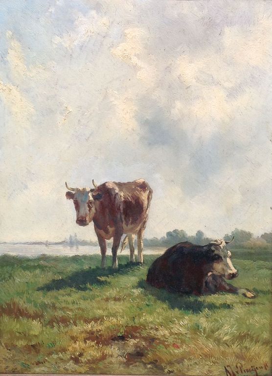 A.J. van Prooijen, olie op paneel, 46 x 34 cm, koeien aan de waterkant kopen? Bied vanaf 700!