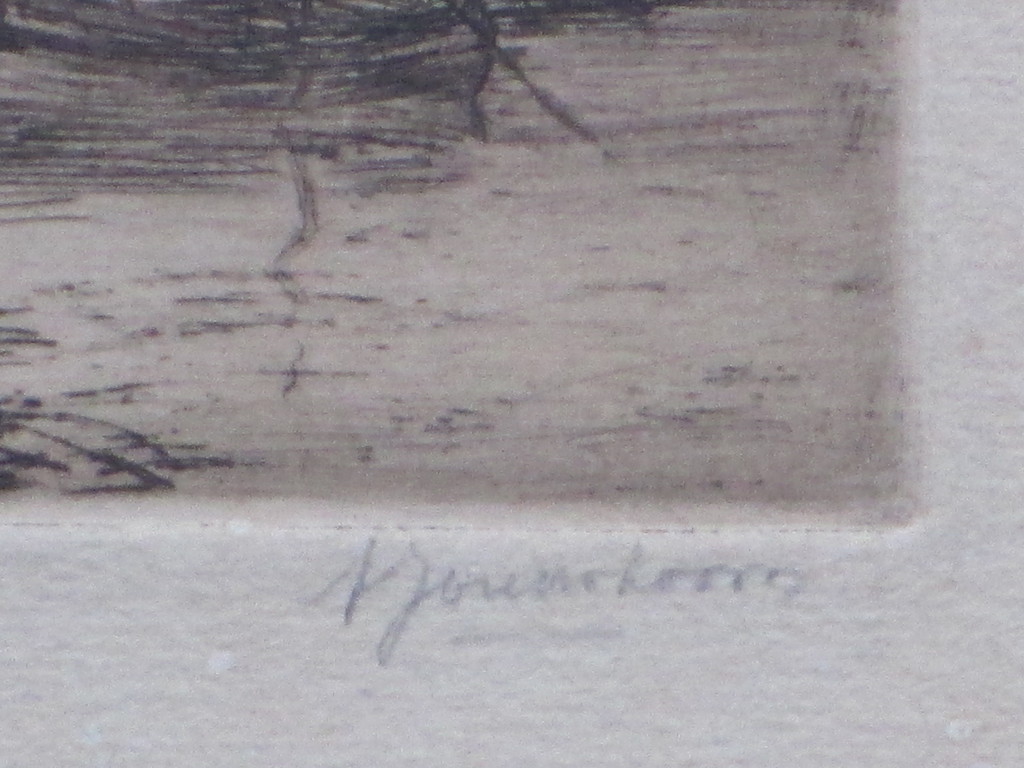 A.J.Oudshoorn, Waterlandschap met molen en zeilschip, Ets kopen? Bied vanaf 1!