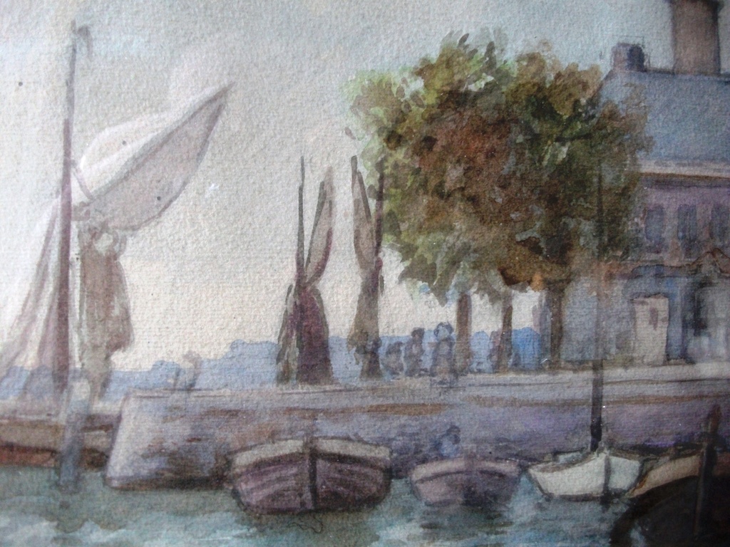Adriaan Terhell - J. le Blanc: aquarel op papier, Haven met vissersboten kopen? Bied vanaf 70!