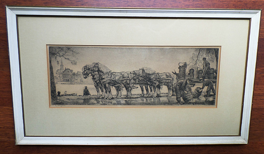 Willem Hofker - Bierwagen langs de Amstel in Amsterdam, ets (ingelijst) kopen? Bied vanaf 75!