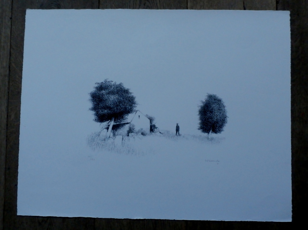 Metten Koornstra - man in landschap tussen huis en bomen - gesigneerd - 1971 kopen? Bied vanaf 70!