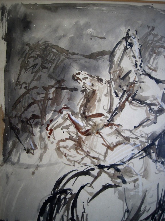 Mooie dynamische Gouache/Inkt "vluchtende paarden" gesigneerd Frits van Eeden   kopen? Bied vanaf 1!