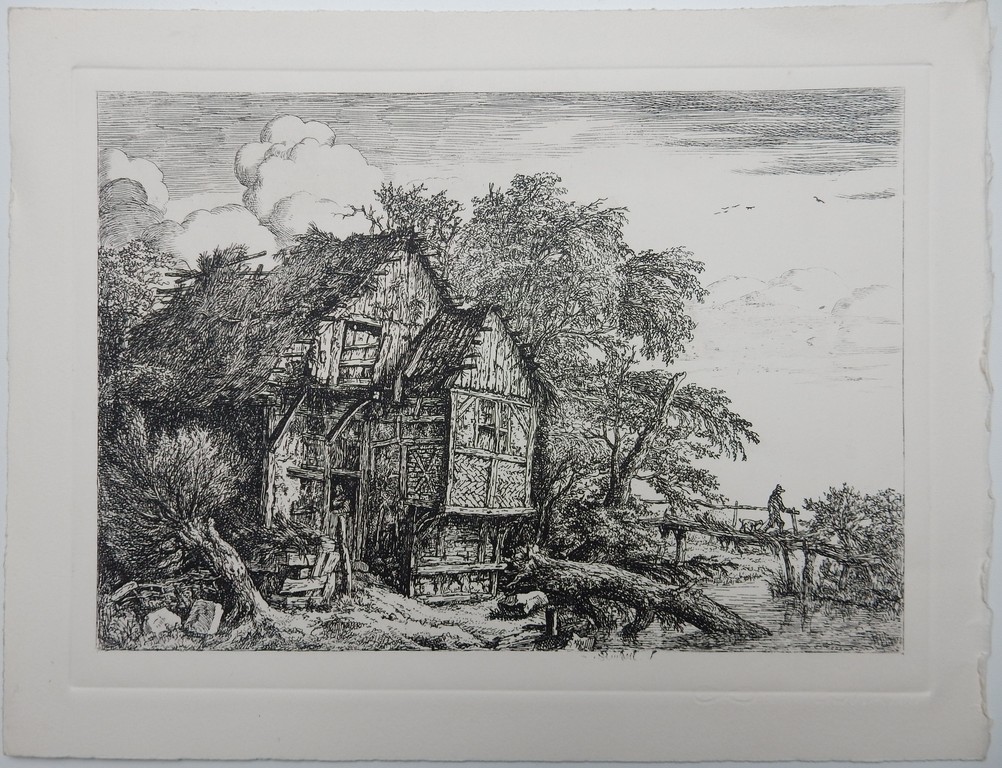 Onbekende maker - oude gravure - voorstelling van huis in landschap kopen? Bied vanaf 10!