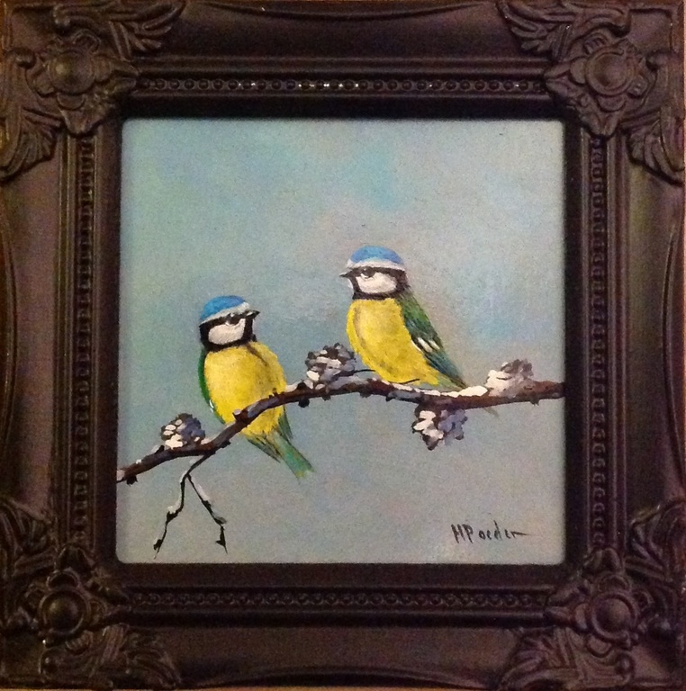 Pimpelmeesjes op sneeuwtak, Henk Poeder, olieverf op paneel verkocht voor € 49!