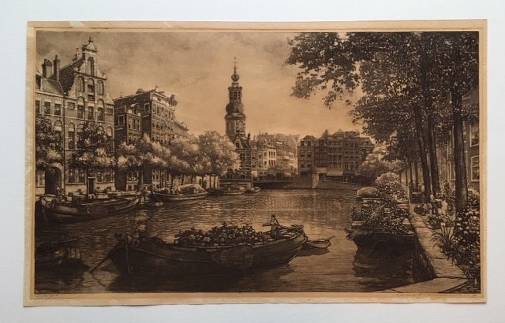 Cornelis Brandenburg ets Singel met Bloemenmarkt. verkocht voor € 60!