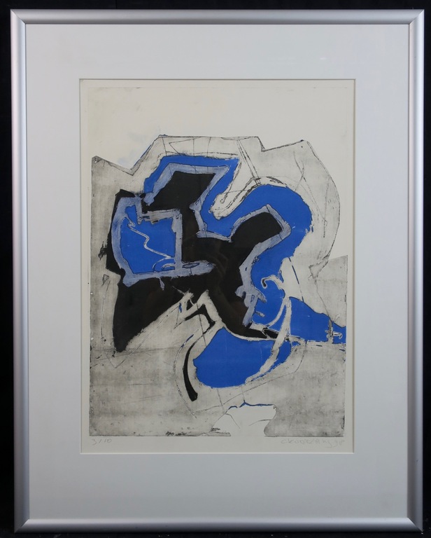 Cees Kortlang: Ets, Z.T. (blauw) - Ingelijst kopen? Bied vanaf 40!