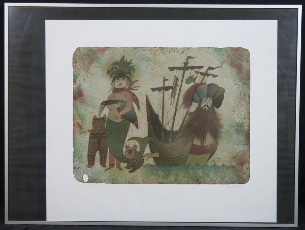 Adolf Born: Litho, Ontdekking van Amerika - Ingelijst kopen? Bied vanaf 100!