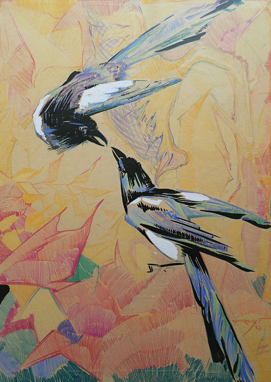 Andre Verhorst - Blauwe eksters, gemengde techniek (prachtig ingelijst, groot) verkocht voor € 500!