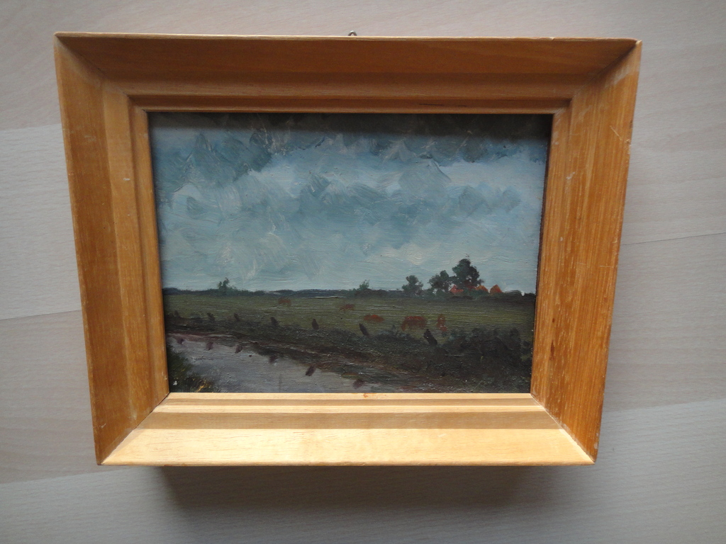 Hollandse school: olieverf op paneel, hollands polderlandschap met koeien in wei kopen? Bied vanaf 1!