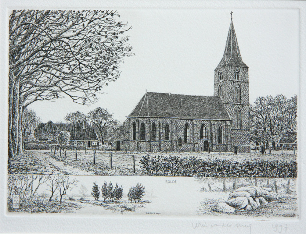 Wim van der Meij, ets, kerk Rolde en Balloër Veld verkocht voor € 45!