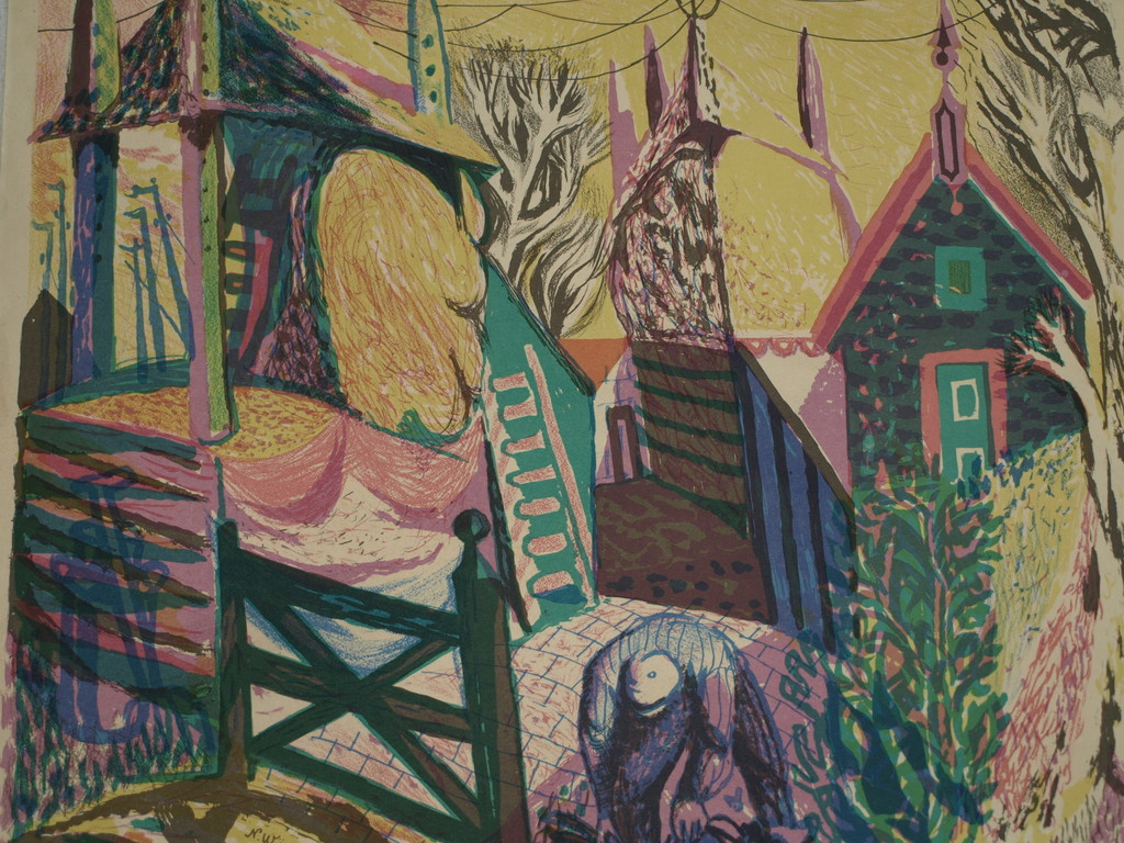 Nicolaas Wijnberg (1918-2006) – Kleurenlitho – Dorpsgezicht – Gesigneerd - 1947 kopen? Bied vanaf 50!