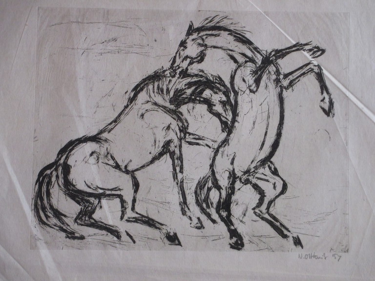 N.Olthuis, Paarden, Houtsnede verkocht voor € 50!