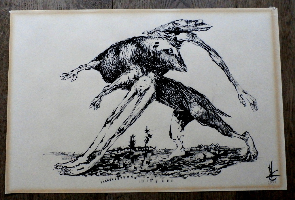 Melle Oldeboerrigter- inkttekening -  vechtende surrealistisch figuren - 1953 kopen? Bied vanaf 150!