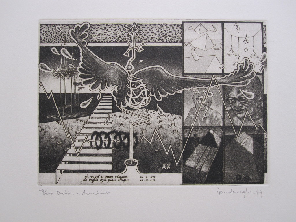 Jan Vandeweghe, burijngravure en aquatint, de vogel is gaan vliegen kopen? Bied vanaf 18!