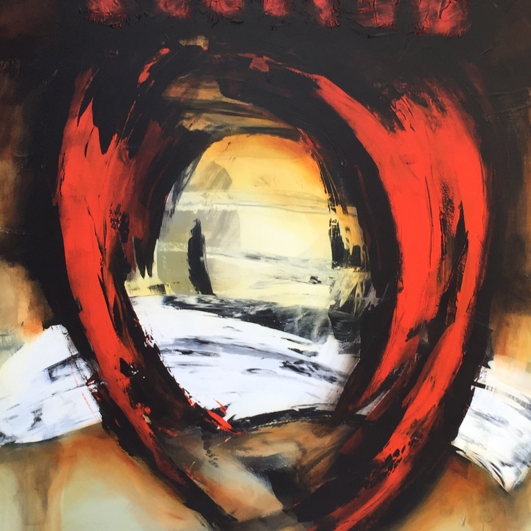 Hans Vanhorck, Olieverf ( mixed media ) op linnen, Abstract with red flow  kopen? Bied vanaf 3000!