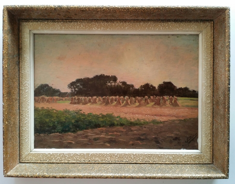 Evert Rabbers. Olieverf op board. Korenveld in avondrood. kopen? Bied vanaf 175!