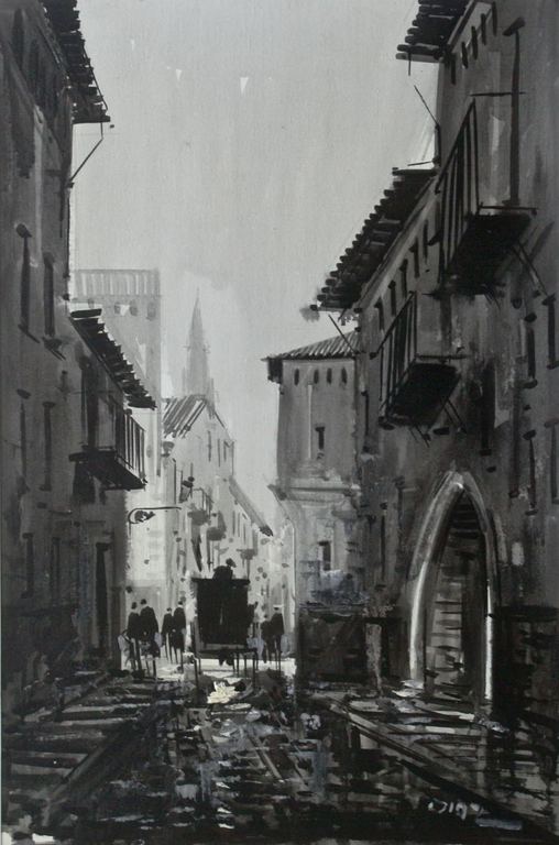 Jim Z "Mediterraan Stadsbeeld met Koets". Olie op schilderkarton. kopen? Bied vanaf 1!