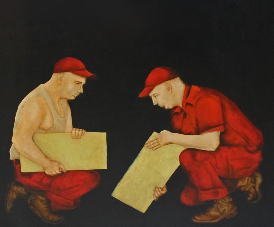 Henk Olijve, olieverf op paneel: Show me where them bombs will fall verkocht voor € 350!