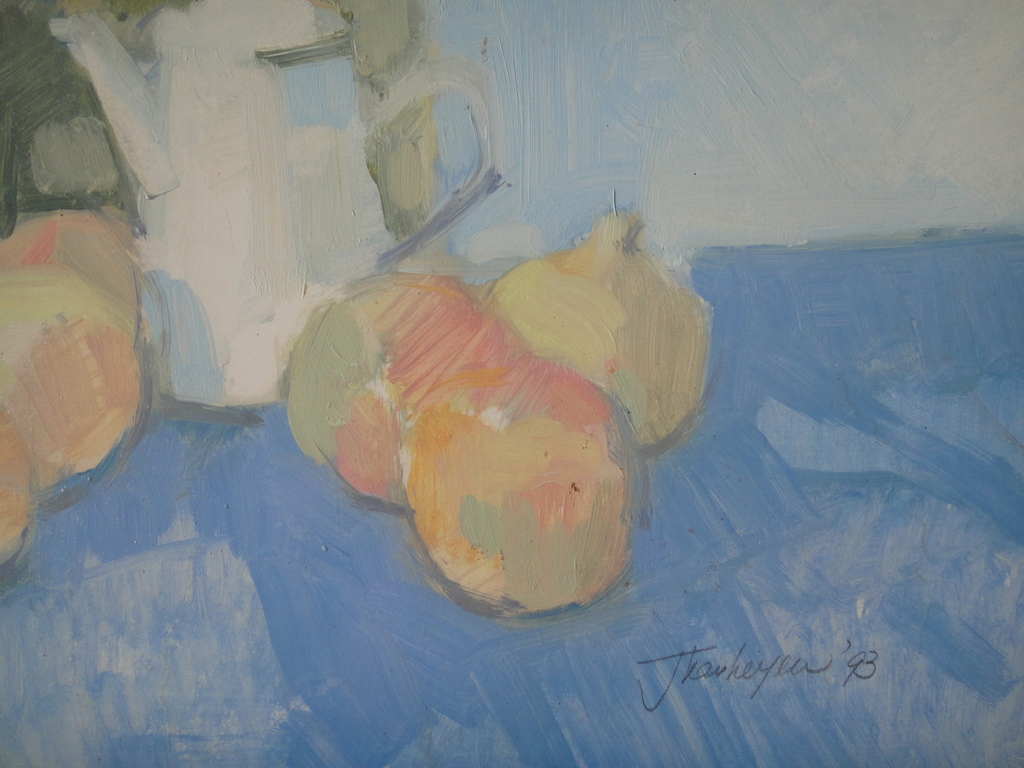 Jan Verheijen, olieverf op board, stilleven met fruit, flessen en theepot kopen? Bied vanaf 1!
