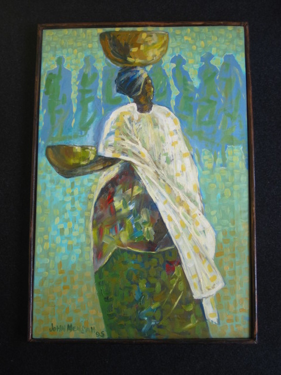 Interessant Afrikaans olieverf op doek schilderij "who called" gesd. John Mensah verkocht voor € 91!