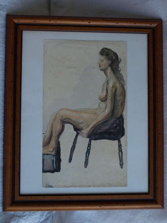Aquarel – Naakte vrouw op stoel – Ingelijst – ca 1970 - *DAKA-AANBIEDING* kopen? Bied vanaf 23!
