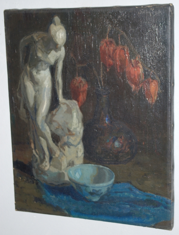 Stilleven met vrouwenbeeld - olieverf op doek - gesigneerd kopen? Bied vanaf 80!