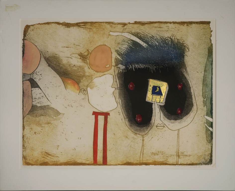 Michel van Overbeeke: Handbewerkte Ets + Bladgoud, Red table kopen? Bied vanaf 50!