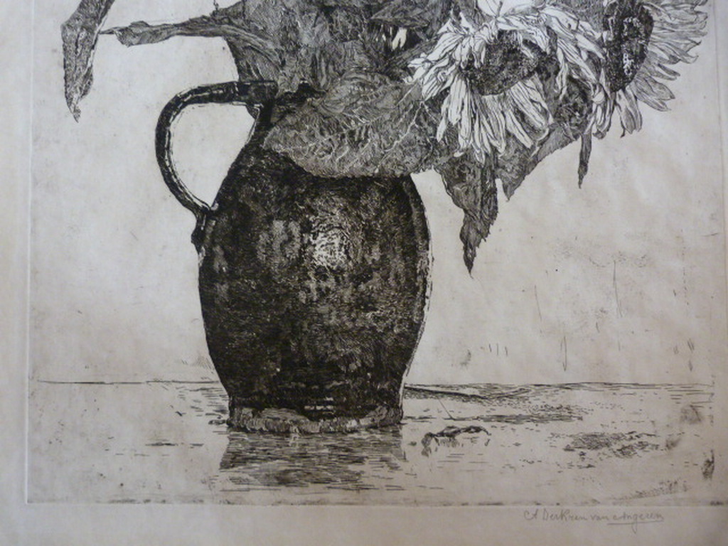 Anton Derkzen van Angeren - ets - zonnebloemen in kan. kopen? Bied vanaf 45!