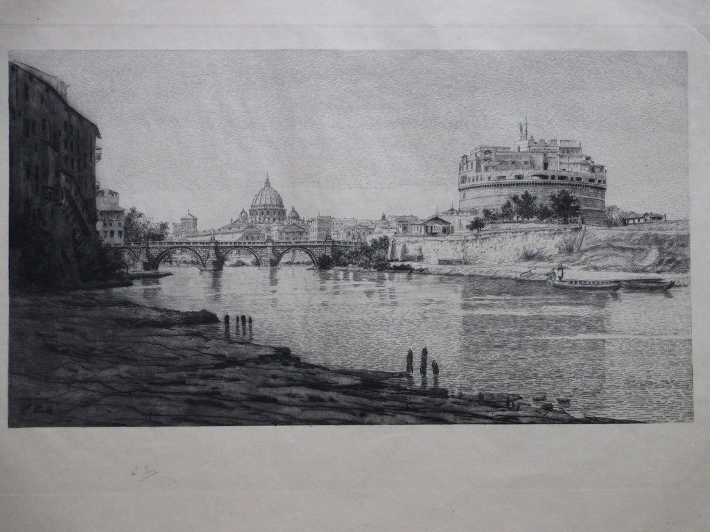 Elias Stark, Aan de oevers van de Tiber, Ets 1891 kopen? Bied vanaf 45!