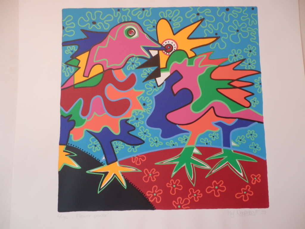 Marianne Naerebout; kleurenlitho, Flower power verkocht voor € 55!