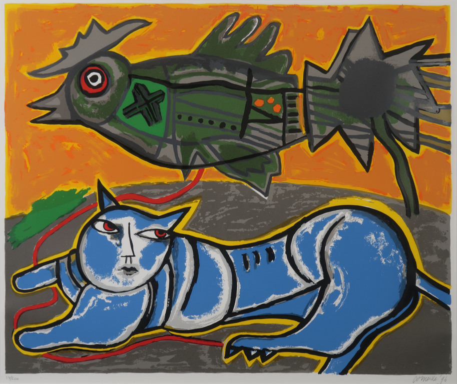 Corneille: Zeefdruk, Le grand chat bleu et l'oiseau - Ingelijst (Groot) kopen? Bied vanaf 200!