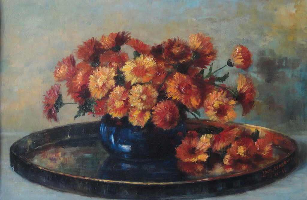 Engelse school-olieverf op board-klassiek stilleven met chrysanten in vaas verkocht voor € 95!