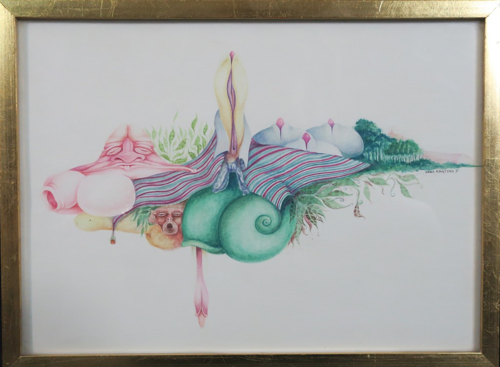 Hans Kanters: Potlood en Aquarel, Surrealistische voorstelling - Ingelijst verkocht voor € 200!