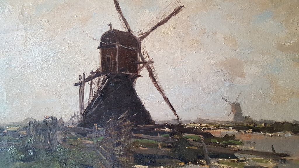 Henk Leurs schilderij van twee wipmolens in een Hollands waterlandschap.  kopen? Bied vanaf 250!