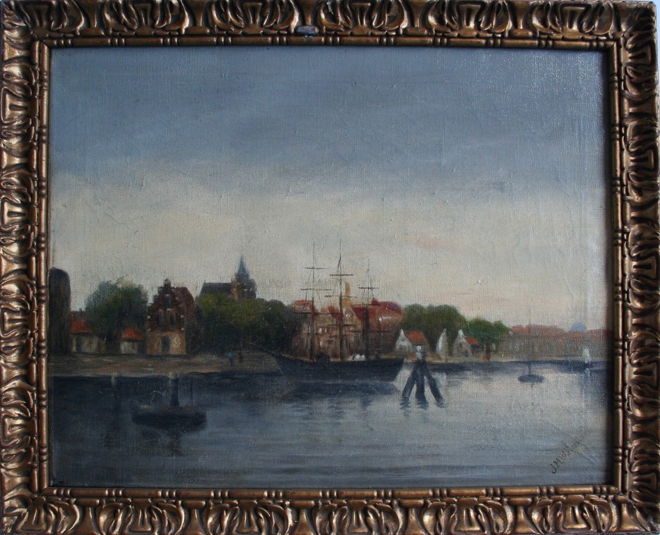 J.M.W. Kessler, olieverf op doek, zeilschip nabij de stadskade kopen? Bied vanaf 50!